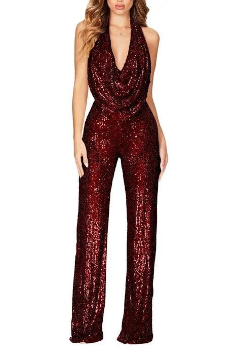 Sparkly Jumpsuit Maxi Sequins Formal Evening Dresses Halter Neck Backless Wedding Guest Dress COCOMELODY 678030856246